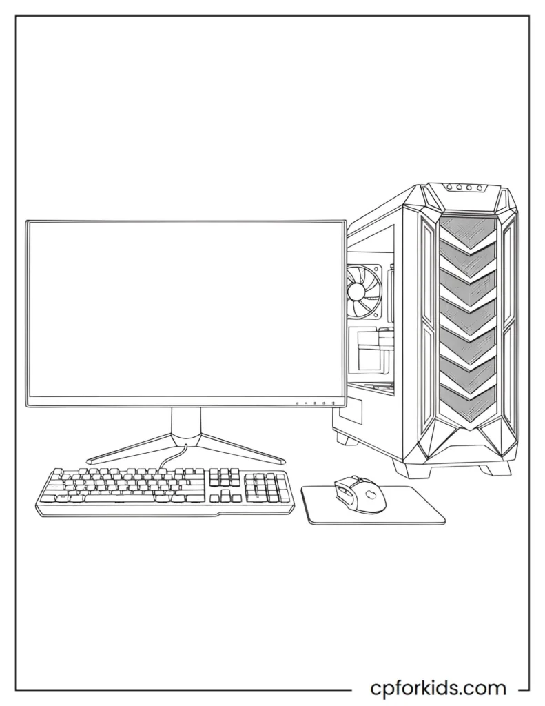 Gaming PC & Keyboard Setup Coloring Pages Gaming PC setup coloring page featuring a monitor and keyboard, black and white line art.