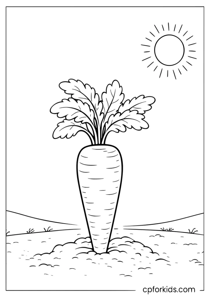 Garden carrot with sunny sky and vegetable leaves coloring page for preschoolers