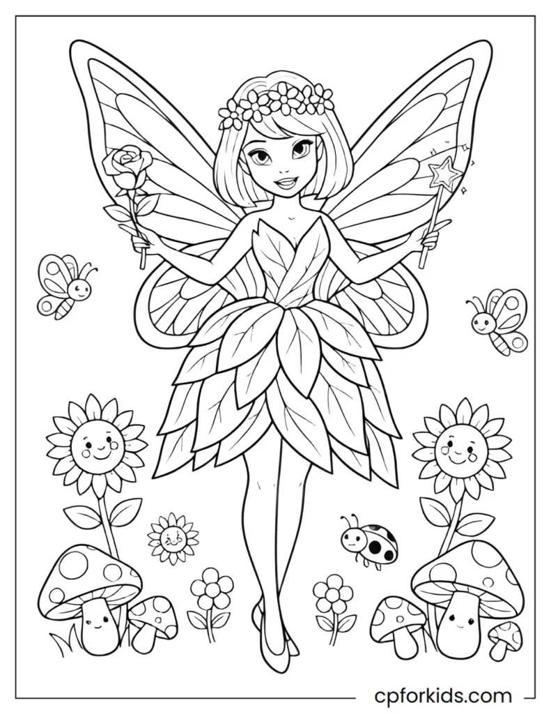 Garden fairy coloring pages surrounded by flowers and nature elements.