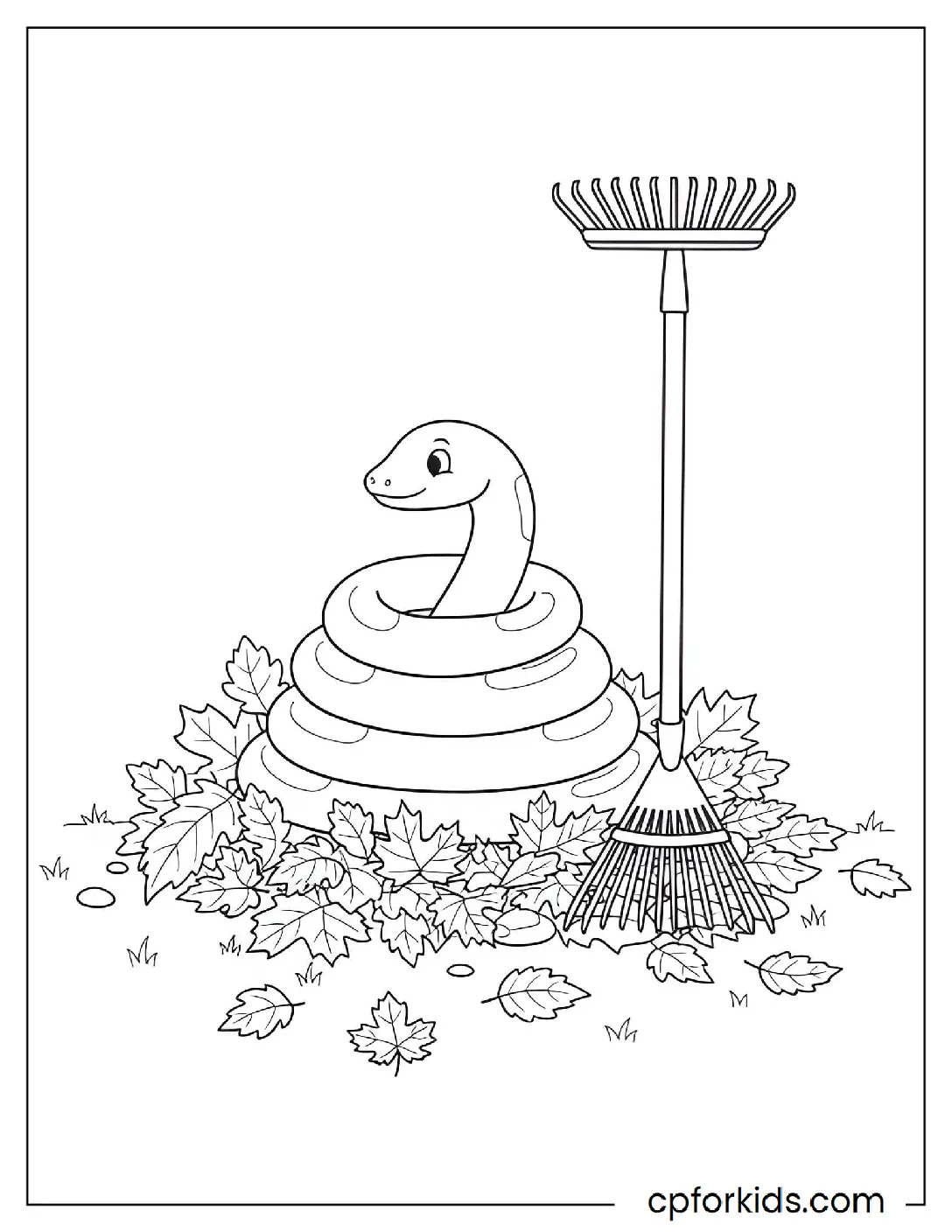 Coiled garden hose beside a rake