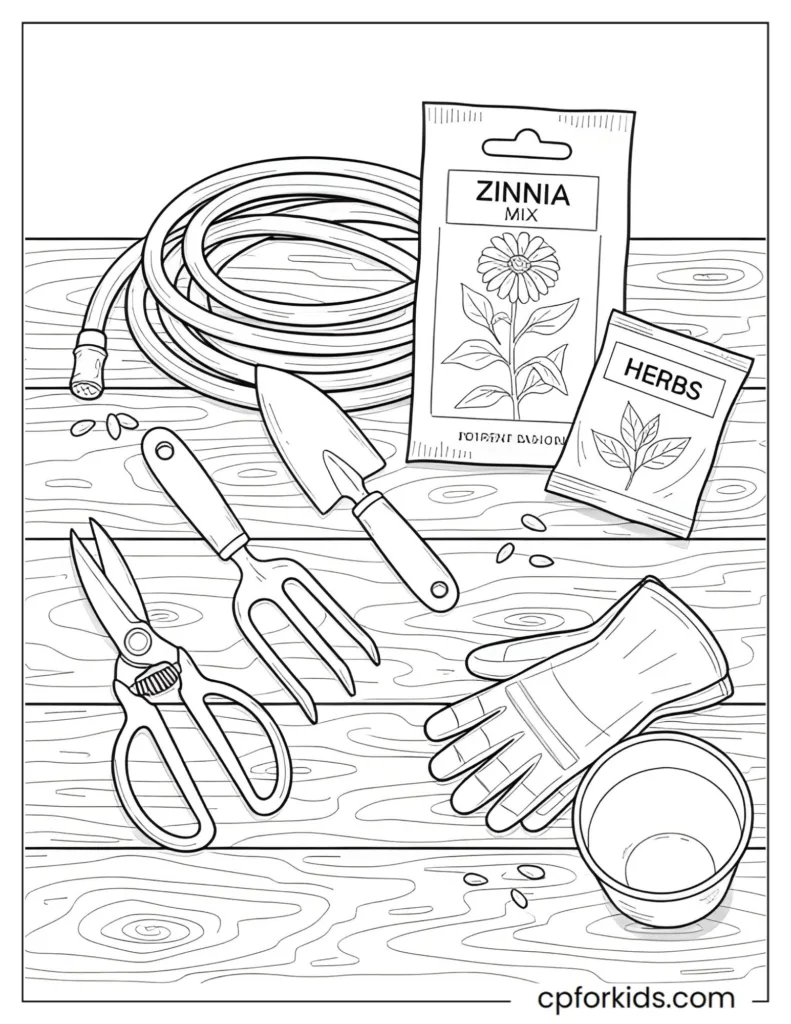 Realistic gardening tools and seed packets on a table, spring hobby coloring sheet for all ages.