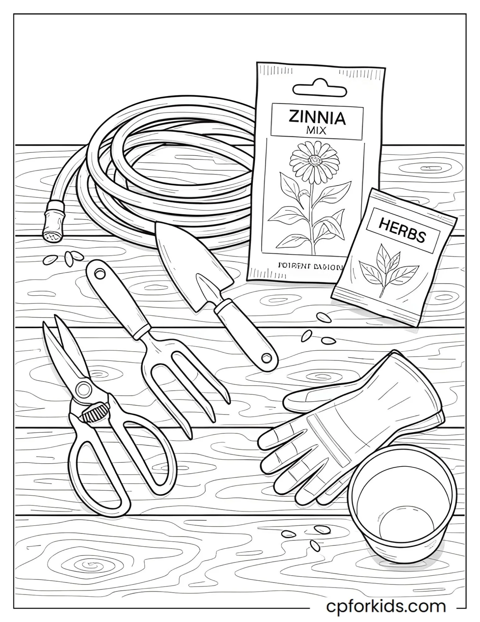 Garden tools and seed packets on a table