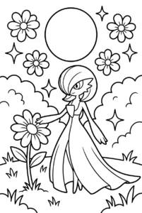 Gardevoir standing in a moonlit garden to color online