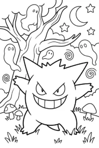 Gengar sneaking through a playful haunted forest under the moon