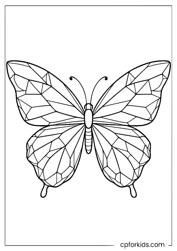 Geometric butterfly coloring page with crystal-like wing facets