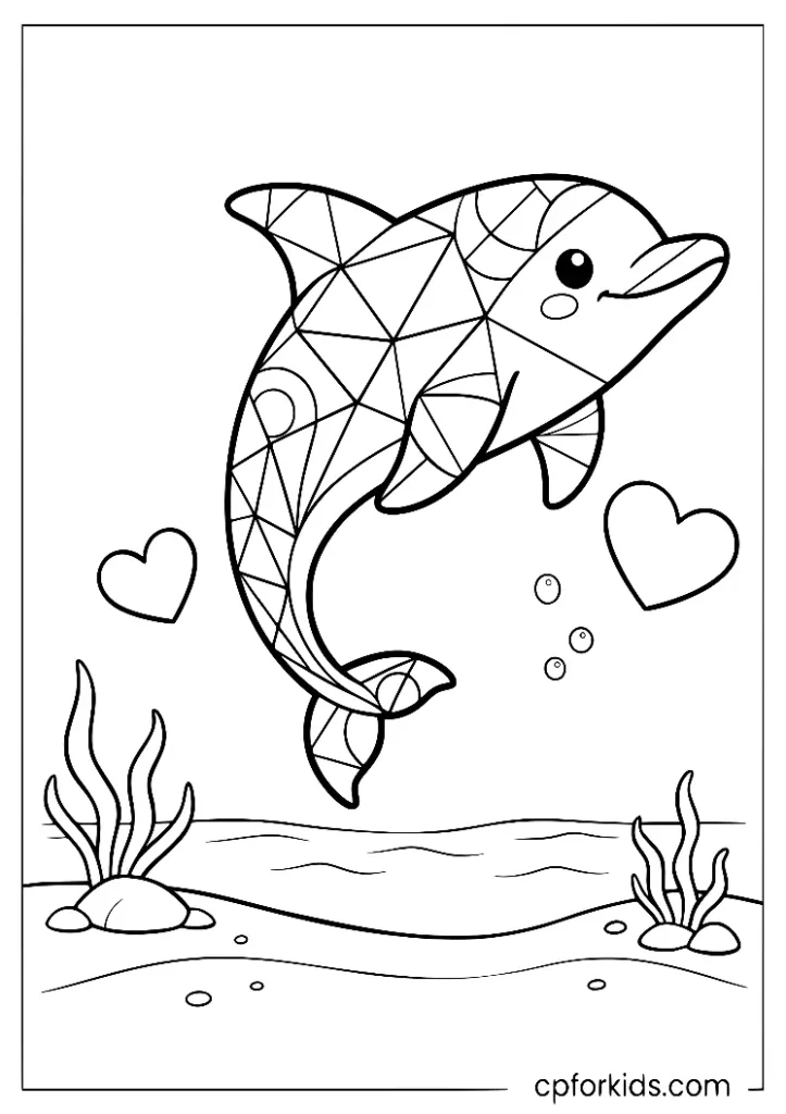 Geometric dolphin pattern coloring page