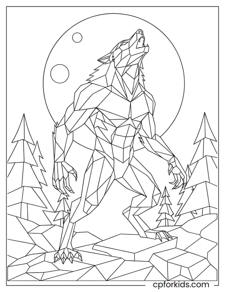 Geometric low-poly style werewolf illustration, modern abstract art coloring page.