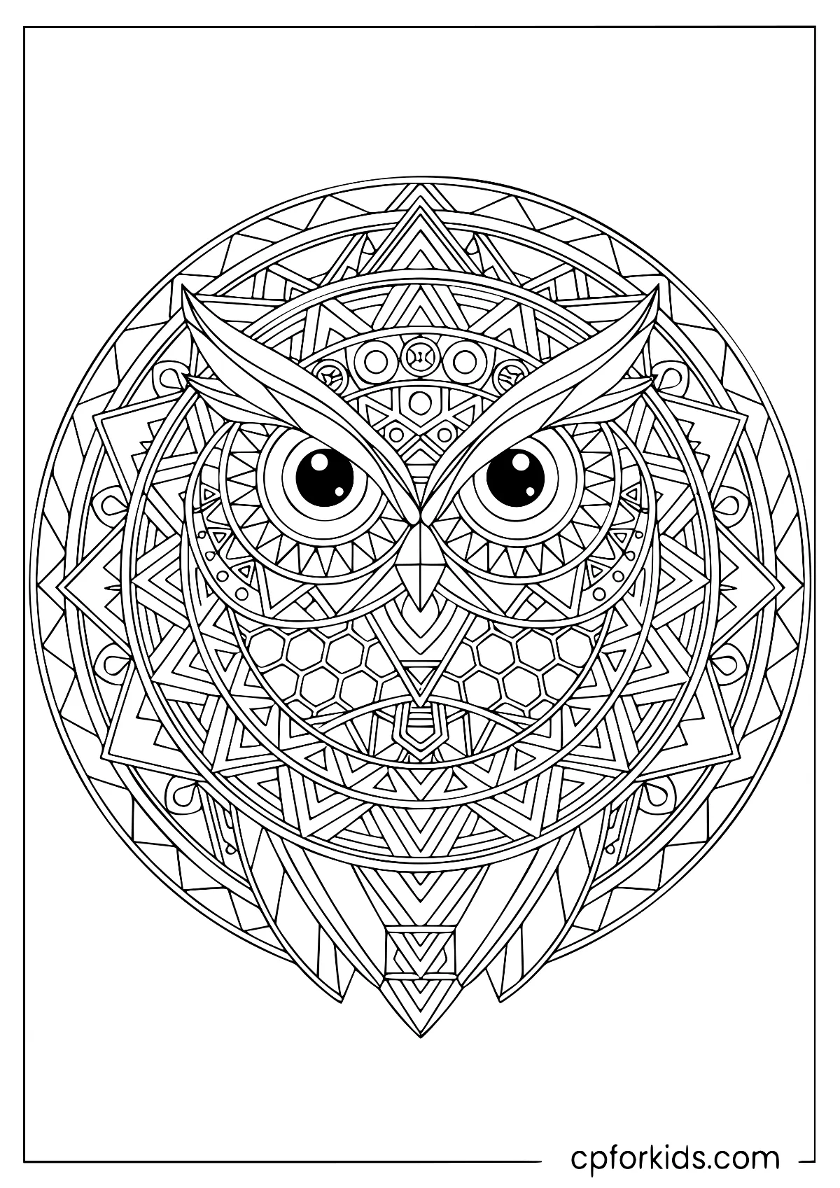 Owl head built from mirrored geometric feather shapes