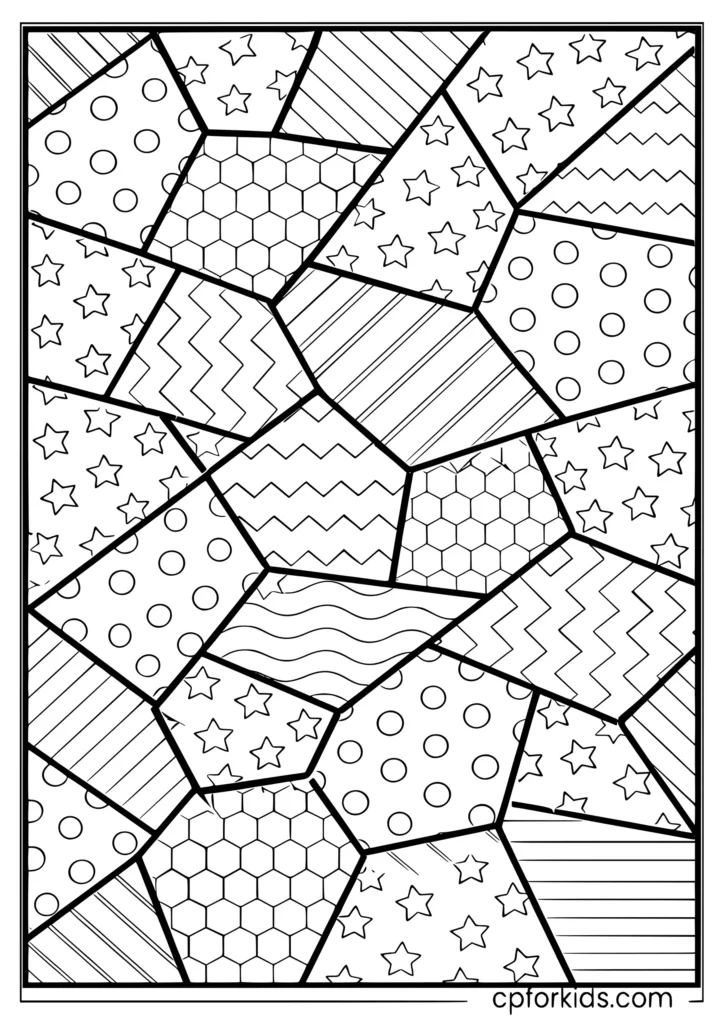 Geometric shapes coloring page for kids with bold interlocking shapes and patterns