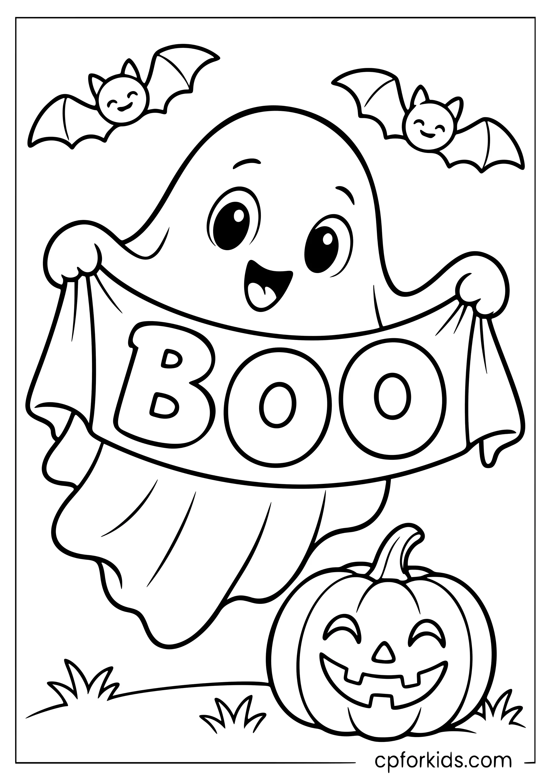 Floating ghost holding a banner that reads Boo