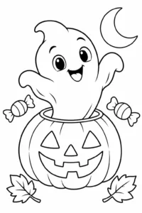 A friendly ghost popping out of a jack-o’-lantern
