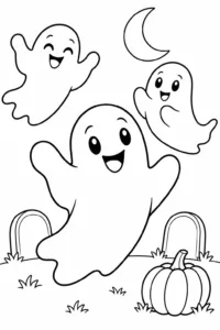 Three friendly ghosts floating above a Halloween graveyard