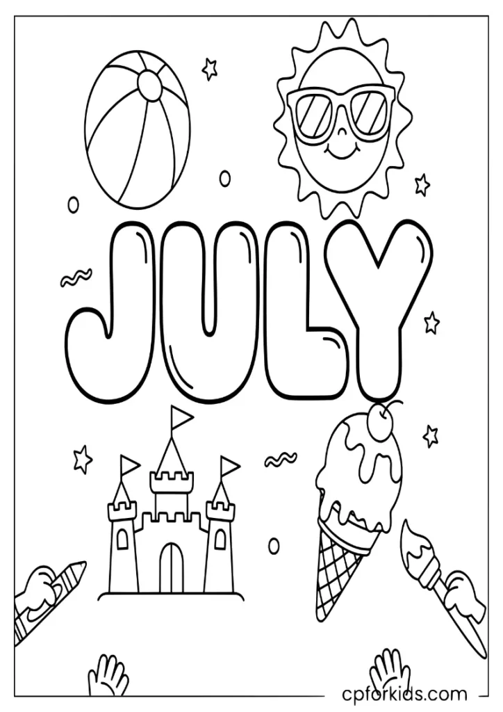 Giant bubbly JULY text surrounded by a smiling sun and a beach ball