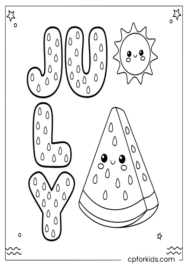 Giant JULY letters with a watermelon slice texture and many small seeds