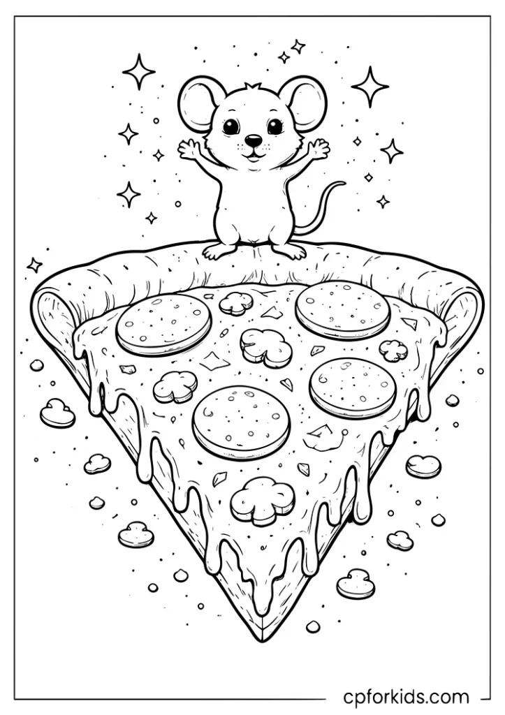 Tiny mouse standing on top of a giant pizza slice looking amazed coloring page