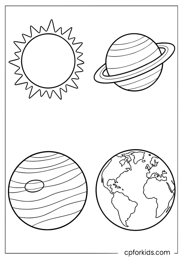 Preschool solar system coloring page with giant sun Saturn Jupiter and Earth each filling one quadrant of the page