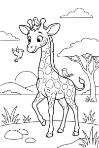 Cute giraffe making friends with little birds