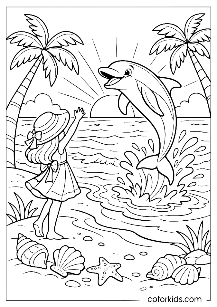 Girl on the beach watching a jumping dolphin