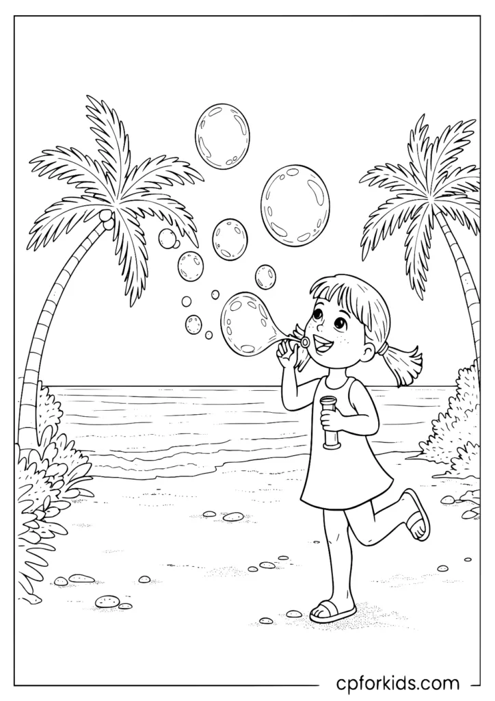Girl making bubbles at the beach coloring page