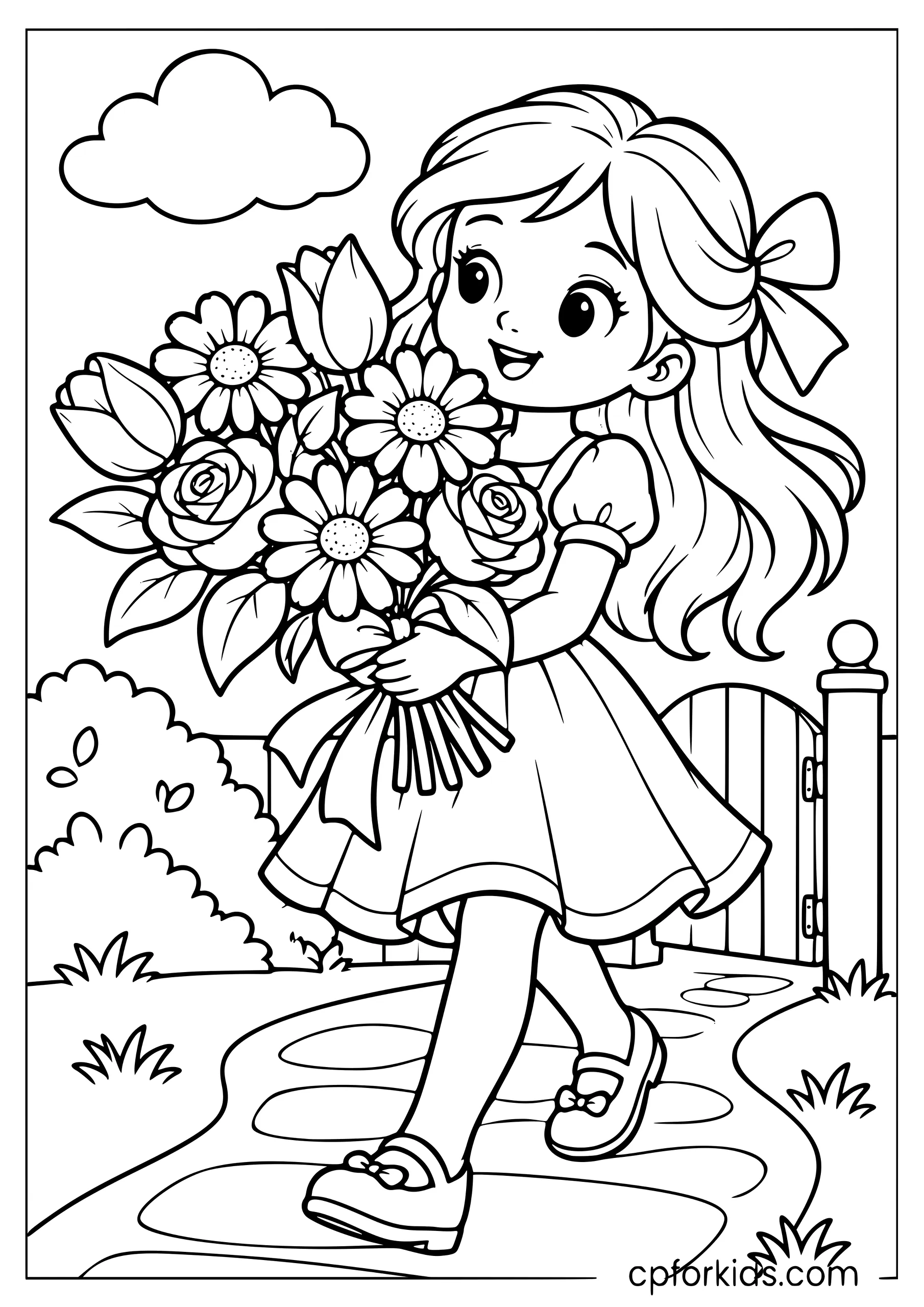 Girl carrying a bouquet along a curved garden path