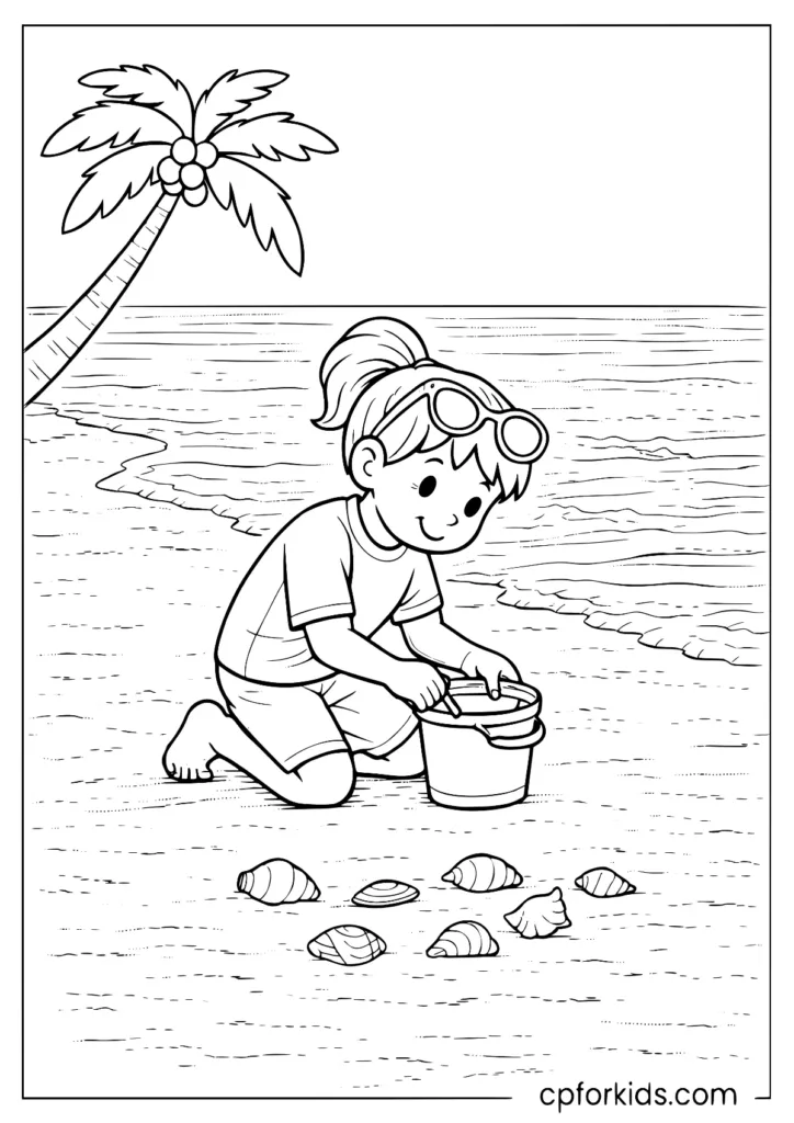 Girl collecting seashells with sunglasses coloring page