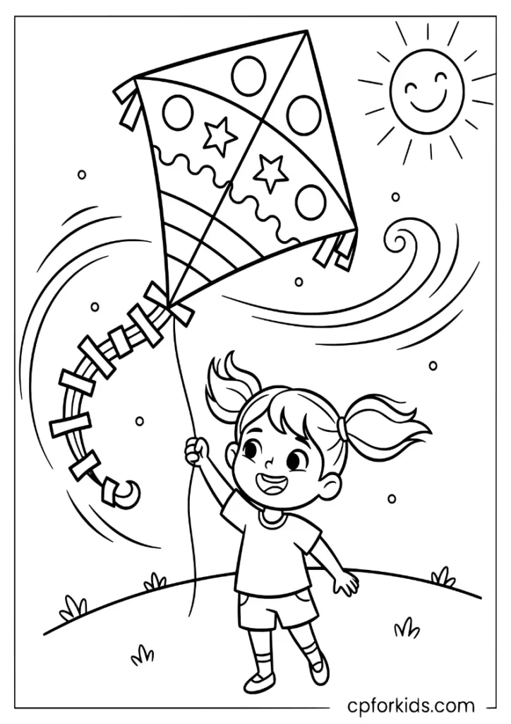 Girl flying a kite on a hill in the wind