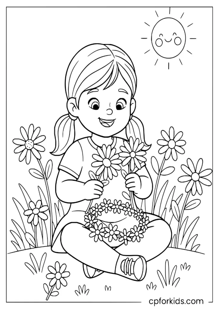 Girl making a flower crown in a daisy-filled meadow