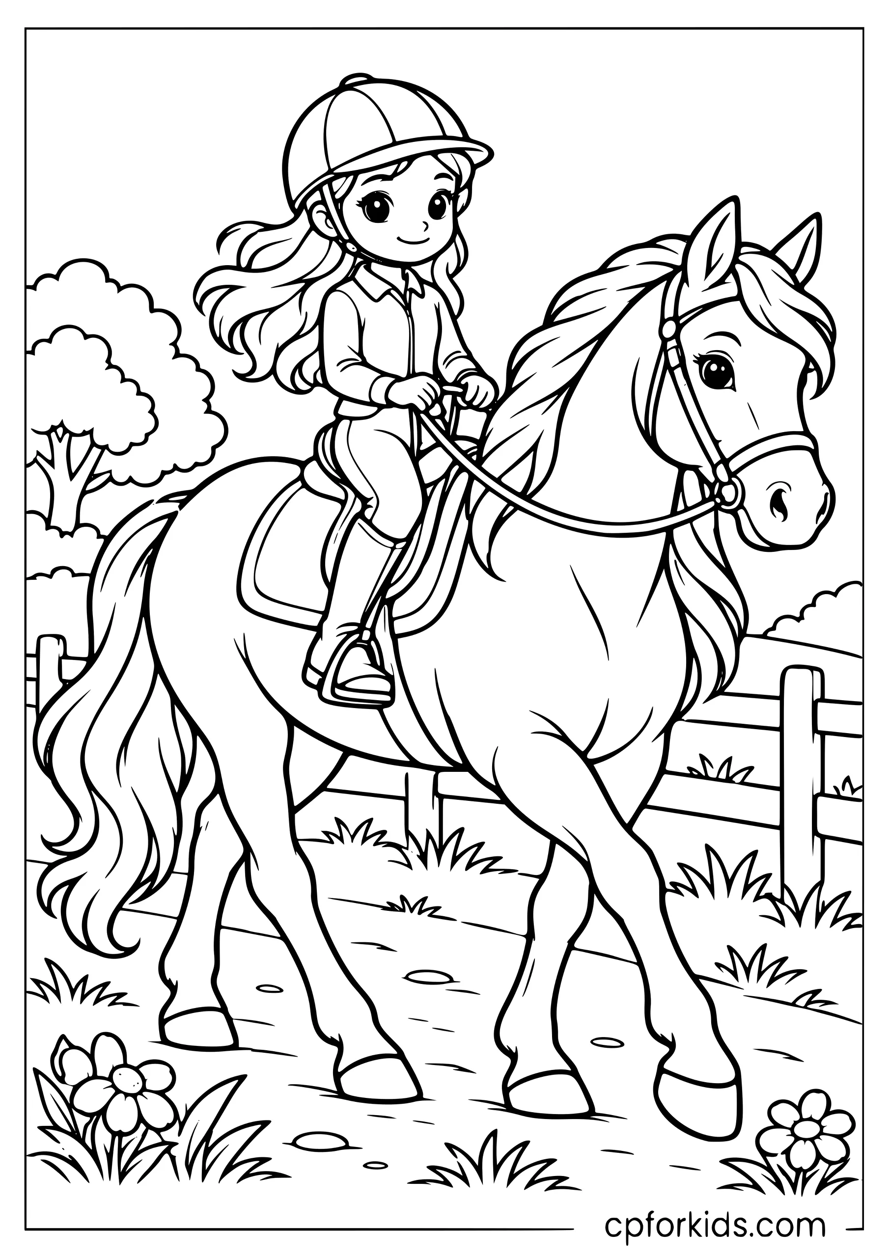 Helmeted girl riding a walking horse on trail