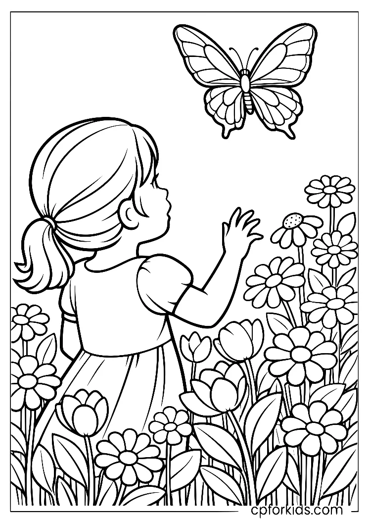 Girl reaching toward a butterfly among flowers and leaves