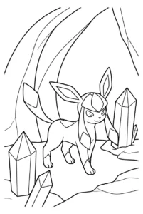Glaceon exploring a cave surrounded by large ice crystals