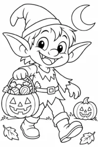 A cute goblin carrying Halloween candy in a pumpkin bucket