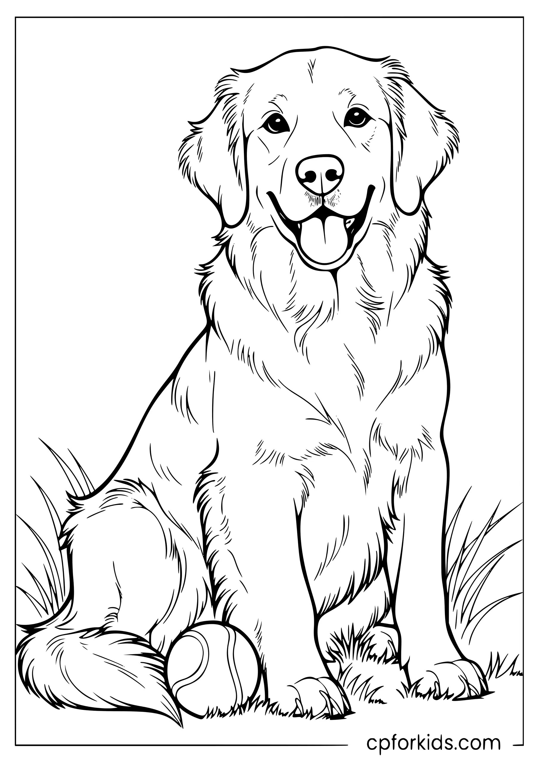 Golden retriever sitting in grass beside a tennis ball