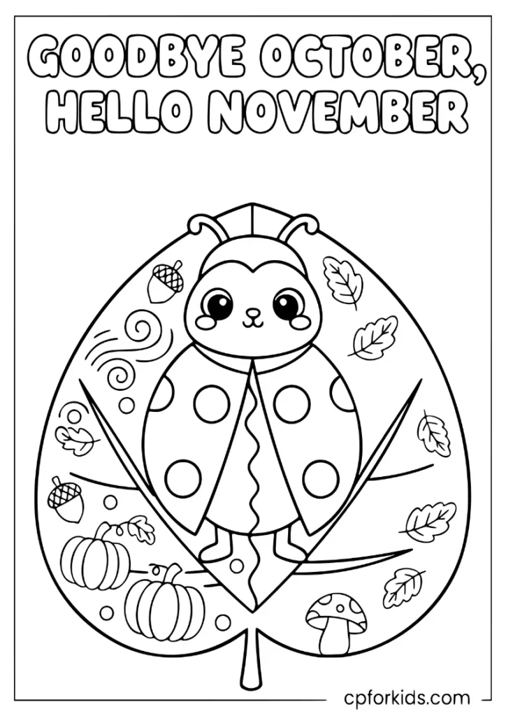 Ladybug on a leaf, October to November transition coloring sheet.