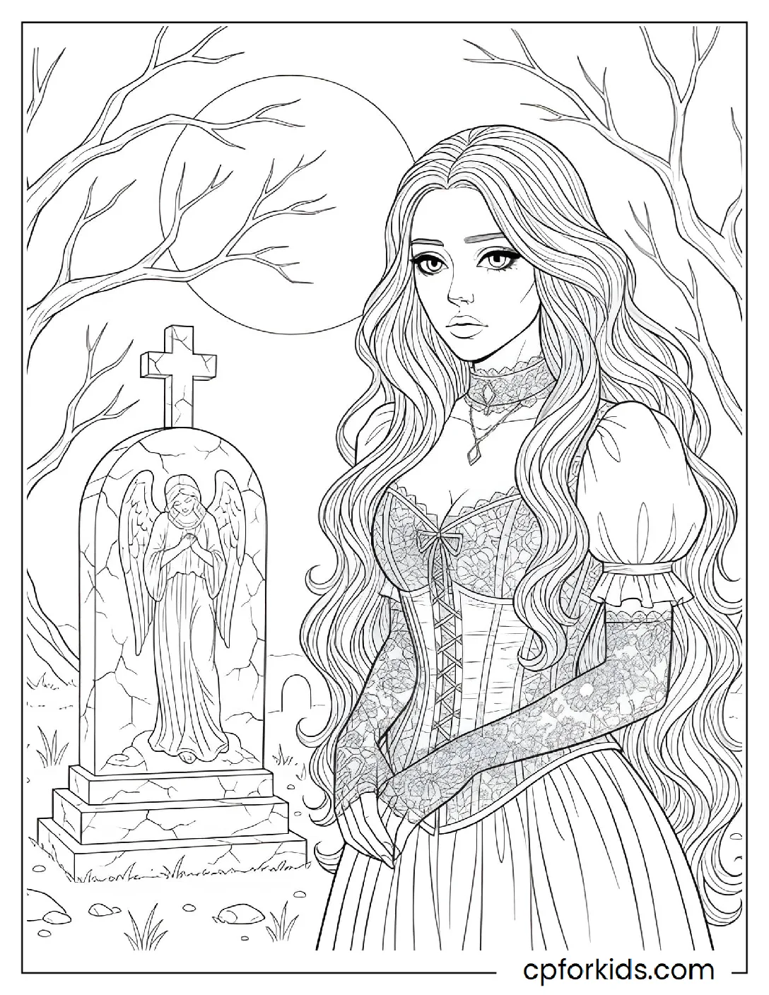 Gothic woman sitting beside a tombstone