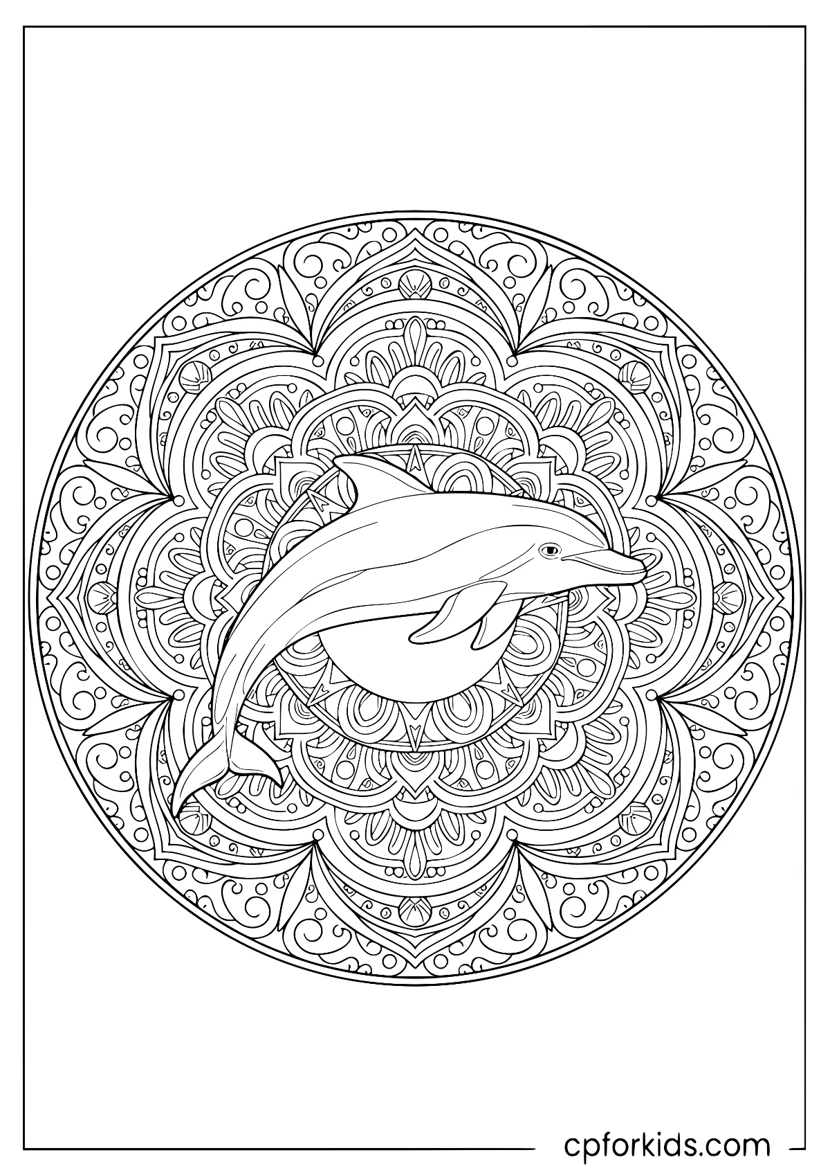 Dolphin surrounded by symmetrical waves and ocean patterns