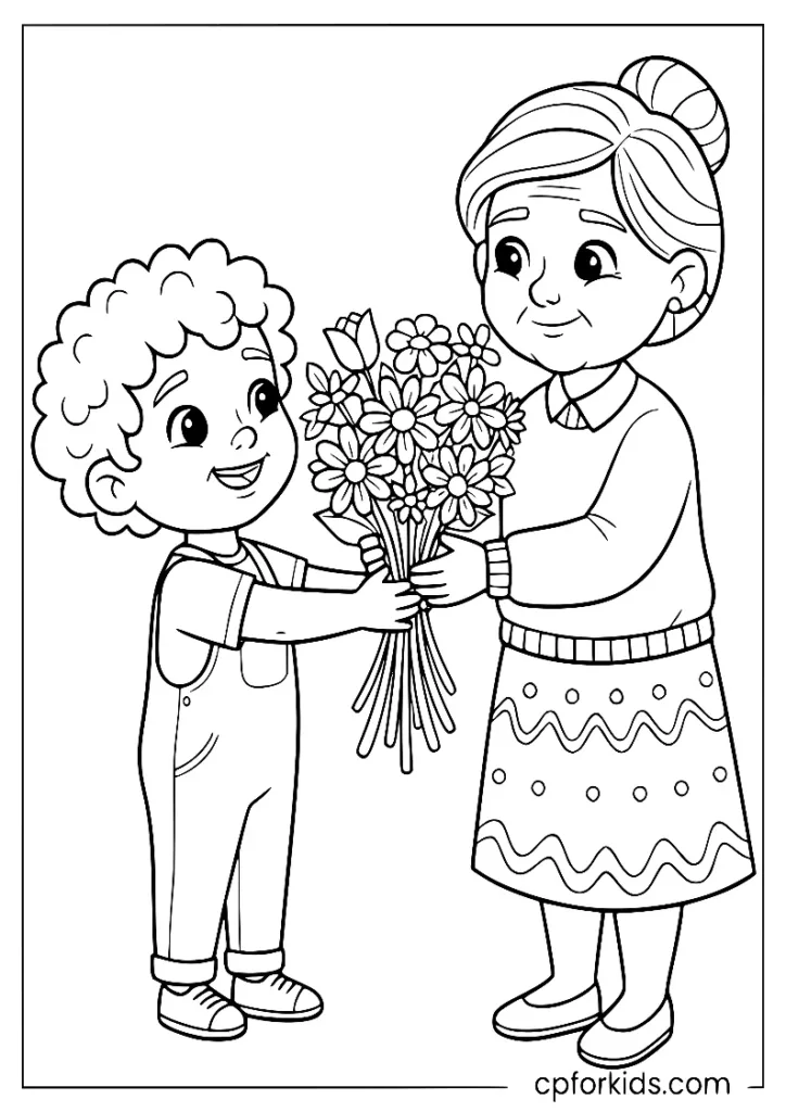 A young child giving a bouquet of flowers to grandmother for Grandparents Day.
