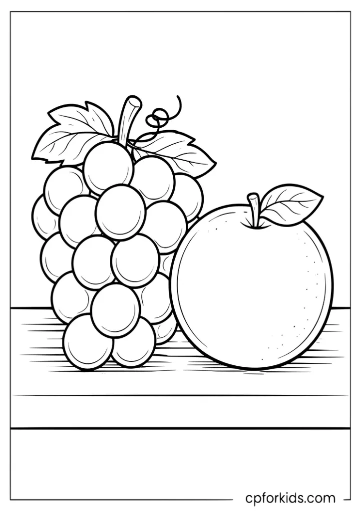 Grapes and orange healthy food coloring page for kids