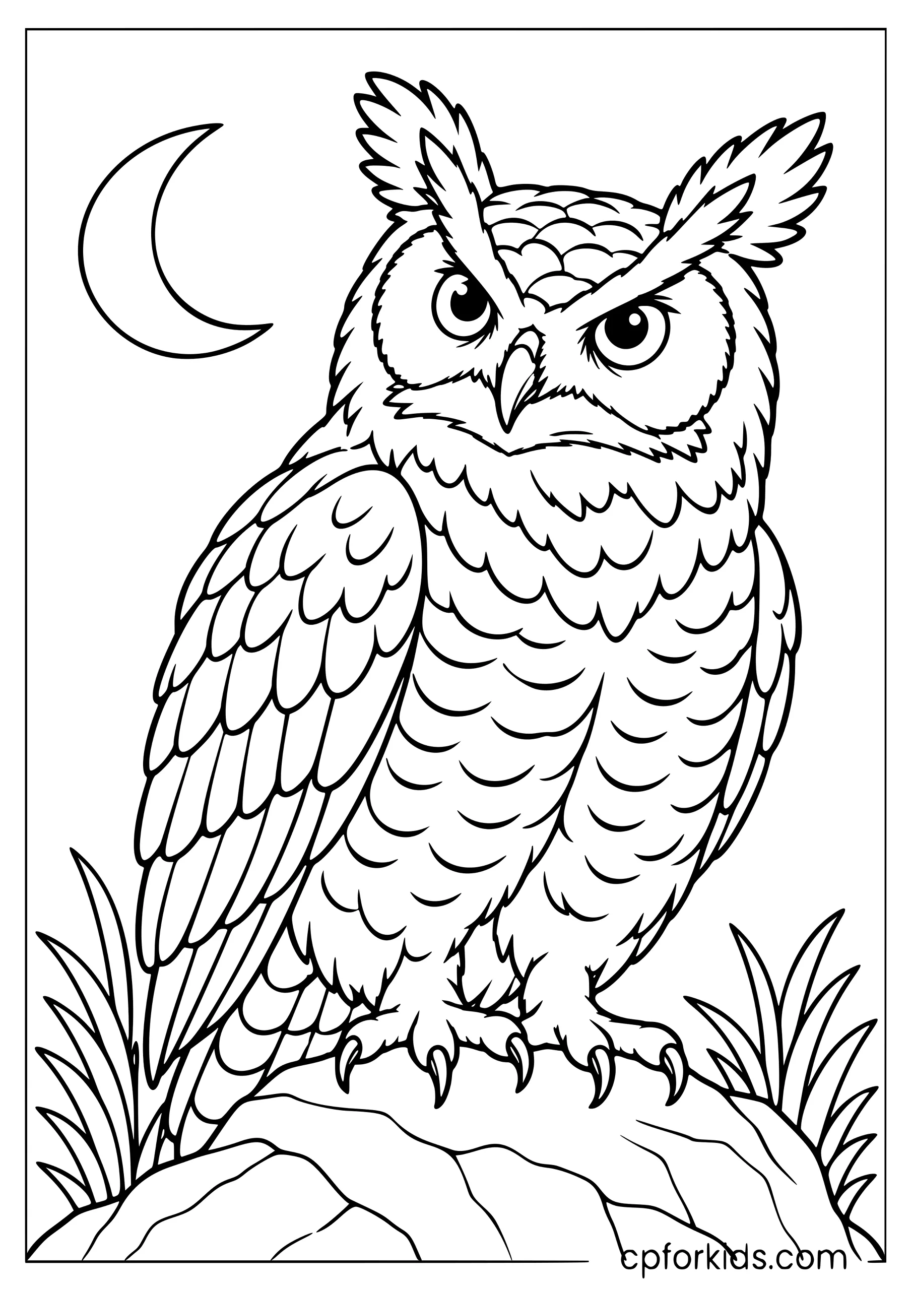Great horned owl perched on a rock