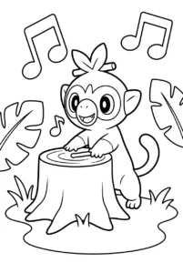 Grookey drumming with its stick on a tree stump