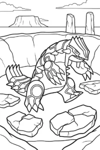 Groudon walking across cracked stone slabs between ancient pillars