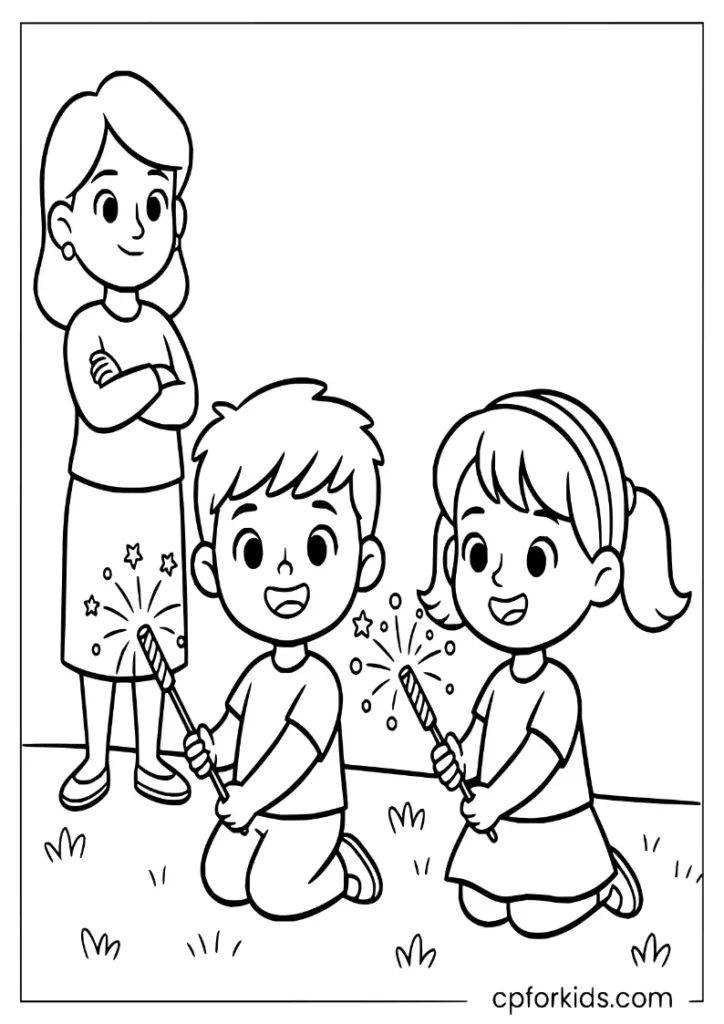 Group of children igniting mini fireworks in a backyard while their mother watches from a distance, printable coloring page