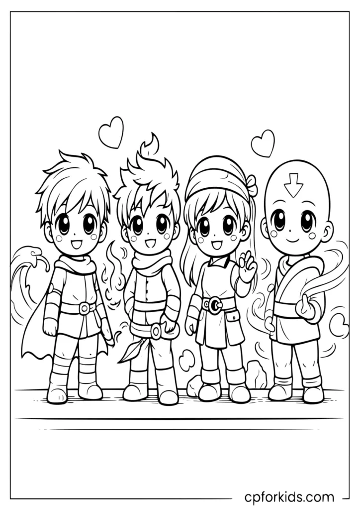 Group of chibi anime elemental heroes coloring sheet