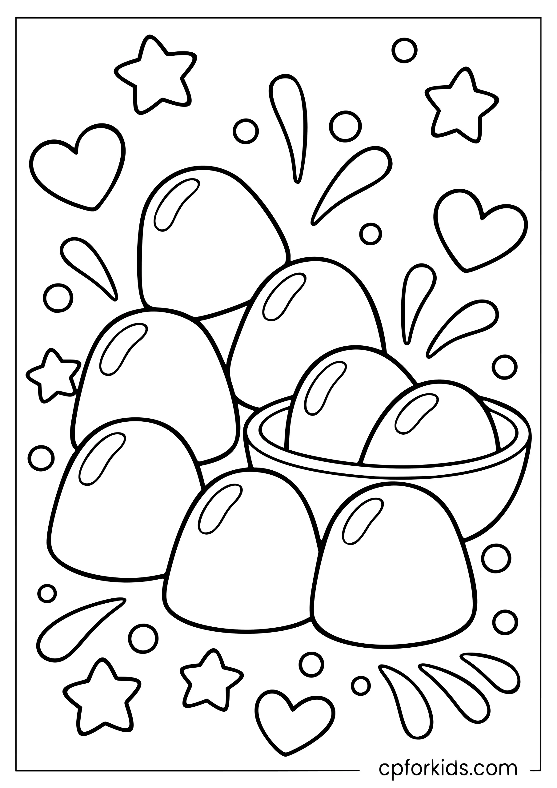 Seven dome-shaped gumdrops arranged beside a small candy dish