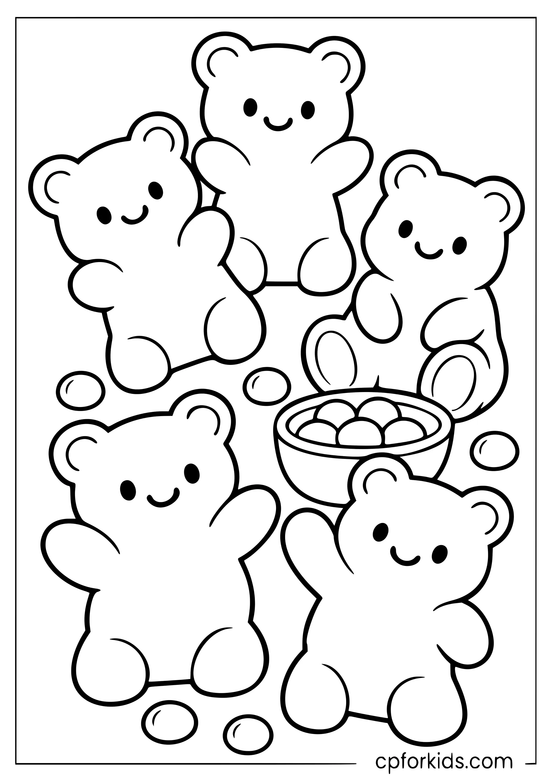 Five gummy bears scattered beside a small candy bowl