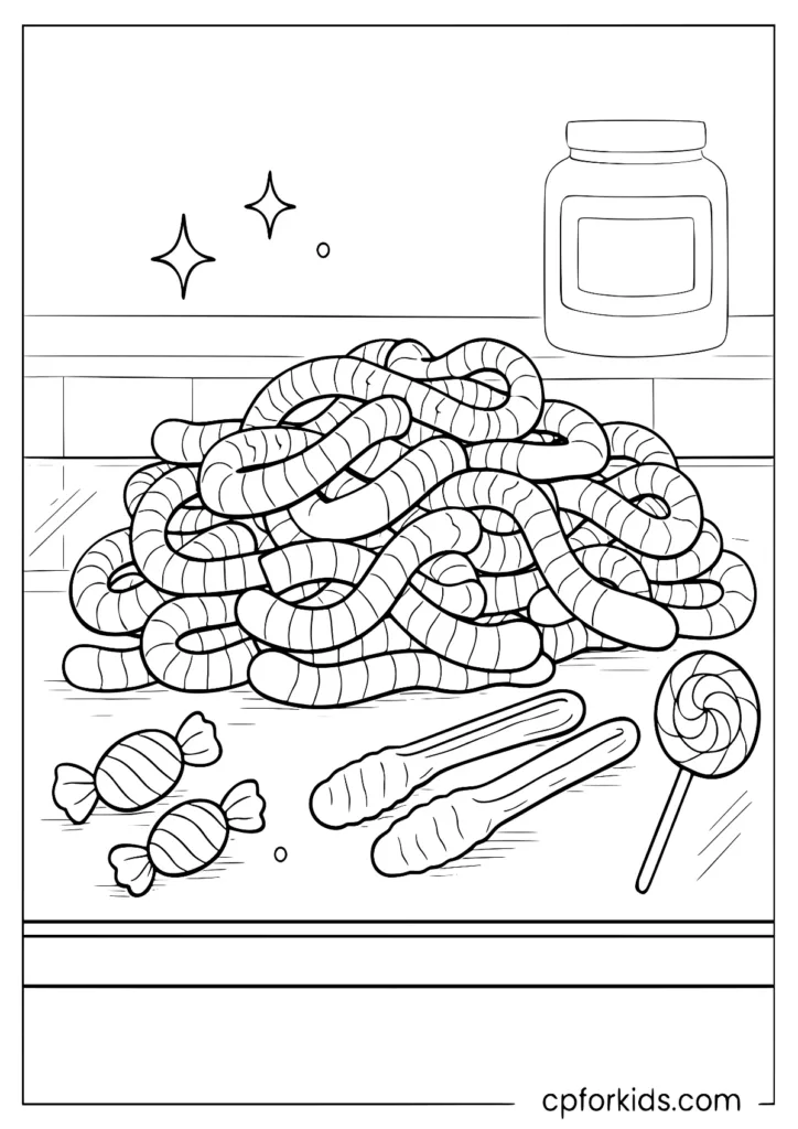 Pile of wiggly gummy worm candies to color