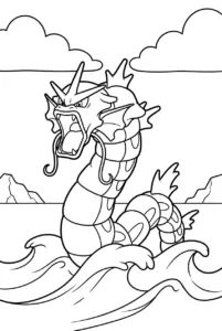 Gyarados rising from large ocean waves to color online