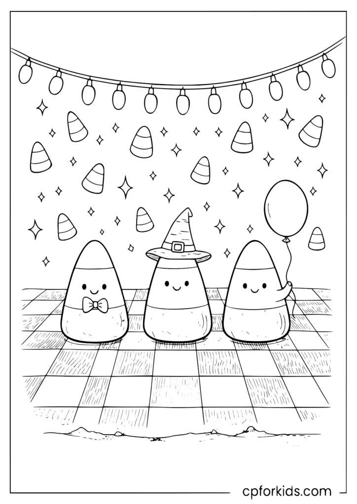 Candy corn scattered like confetti with sparkles coloring sheet