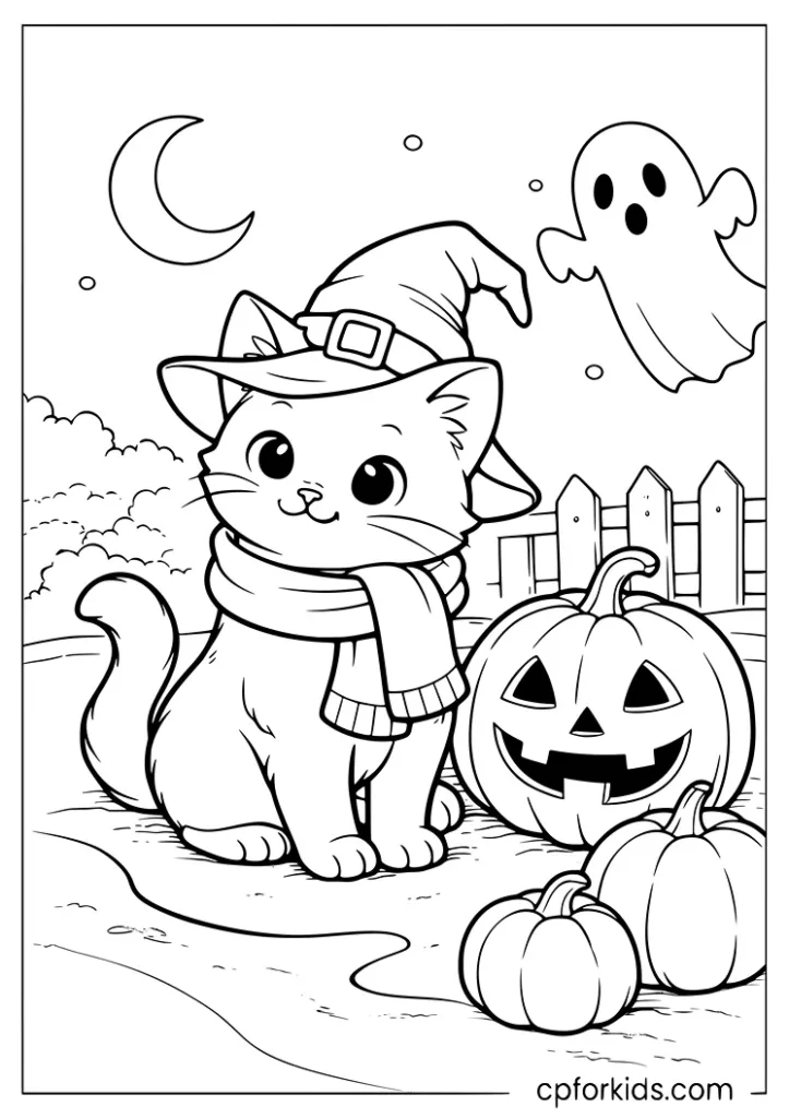 Halloween cat wearing a witch hat beside a pumpkin coloring page