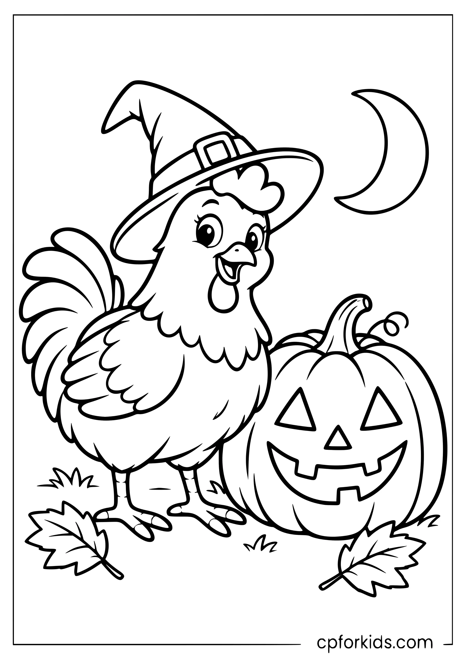 Halloween chicken wearing hat beside carved pumpkin