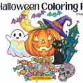 Spooky Halloween coloring pages with a cartoon moon, black cat, ghost, and haunted house for kids.